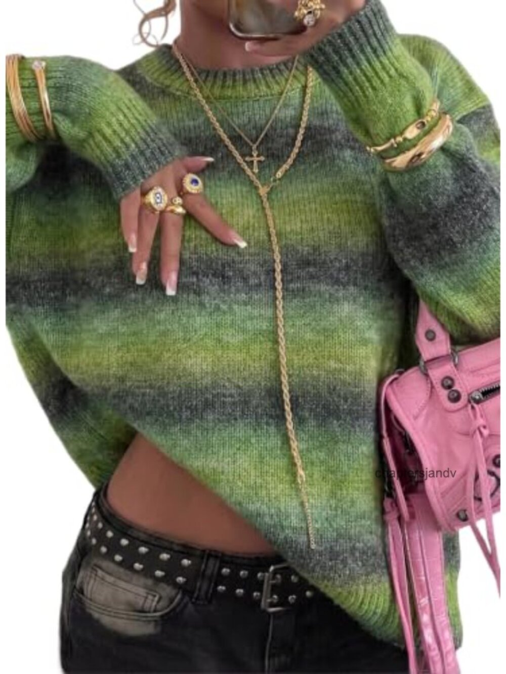 Women's Color Block Striped Crewneck Sweater Lantern Sleeve Pullover Fall Top